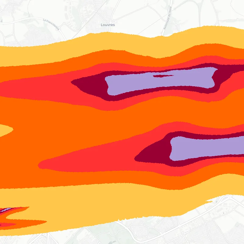 Noise map of Roissy-en-France, France: aircraft noise contours from the EU strategic noise maps, shaded yellow (≈55 dB Lden) through orange and red to dark purple (≈75 dB+), over the city's street network.