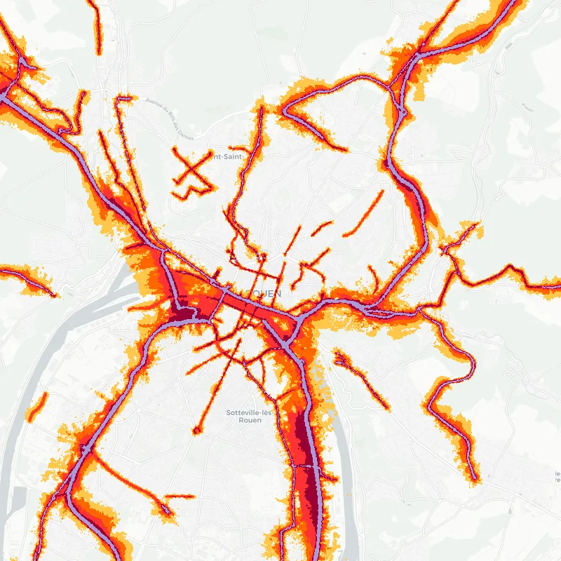 Noise map of Rouen, France: road-traffic noise contours from the EU strategic noise maps, shaded yellow (≈55 dB Lden) through orange and red to dark purple (≈75 dB+), over the city's street network.