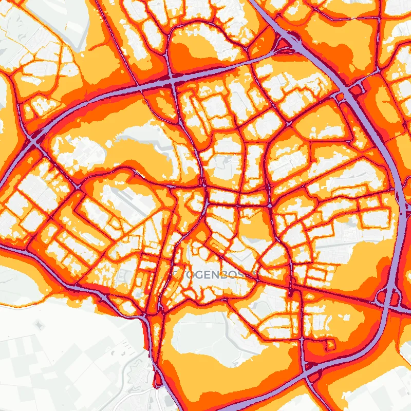 Noise map of s Hertogenbosch, Netherlands: road-traffic noise contours from the EU strategic noise maps, shaded yellow (≈55 dB Lden) through orange and red to dark purple (≈75 dB+), over the city's street network.
