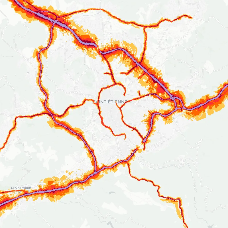 Noise map of Saint-Etienne, France: road-traffic noise contours from the EU strategic noise maps, shaded yellow (≈55 dB Lden) through orange and red to dark purple (≈75 dB+), over the city's street network.