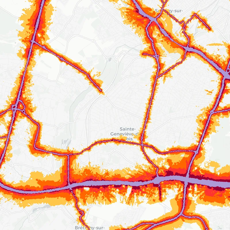 Noise map of Sainte-Genevieve-des-Bois, France: road-traffic noise contours from the EU strategic noise maps, shaded yellow (≈55 dB Lden) through orange and red to dark purple (≈75 dB+), over the city's street network.