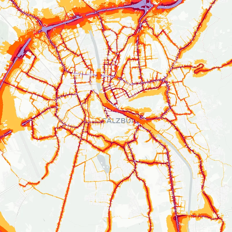 Noise map of Salzburg, Austria: road-traffic noise contours from the EU strategic noise maps, shaded yellow (≈55 dB Lden) through orange and red to dark purple (≈75 dB+), over the city's street network.