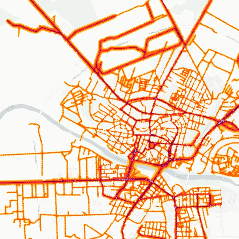 Noise map of Satu Mare, Romania: road-traffic noise contours from the EU strategic noise maps, shaded yellow (≈55 dB Lden) through orange and red to dark purple (≈75 dB+), over the city's street network.