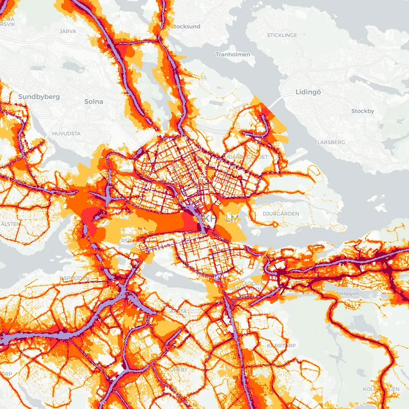 Noise map of Stockholm, Sweden — road traffic contours from the EU strategic noise maps over the street network.