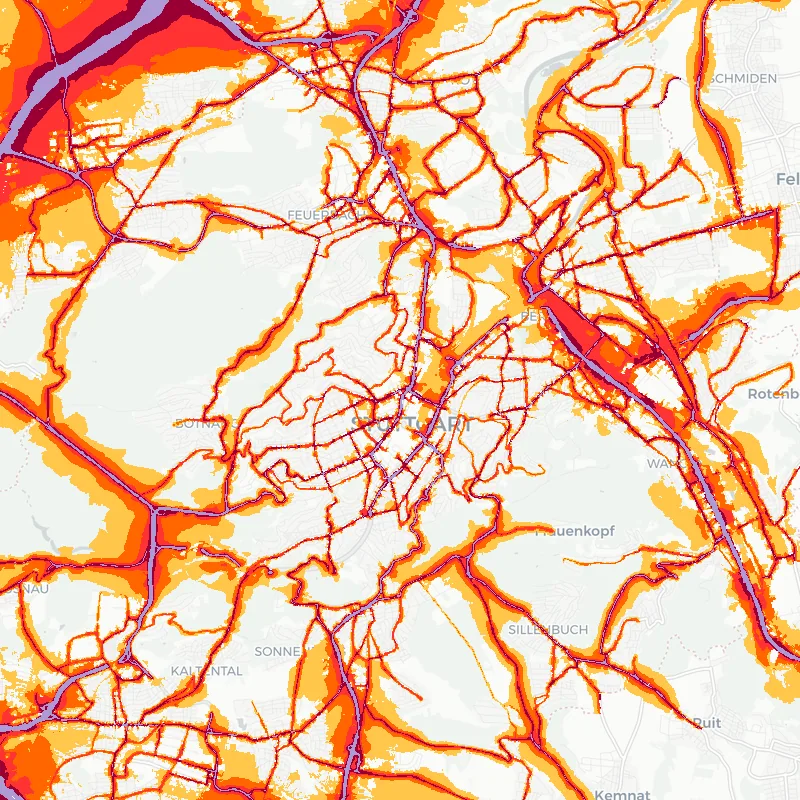 Noise map of Stuttgart, Germany: road-traffic noise contours from the EU strategic noise maps, shaded yellow (≈55 dB Lden) through orange and red to dark purple (≈75 dB+), over the city's street network.
