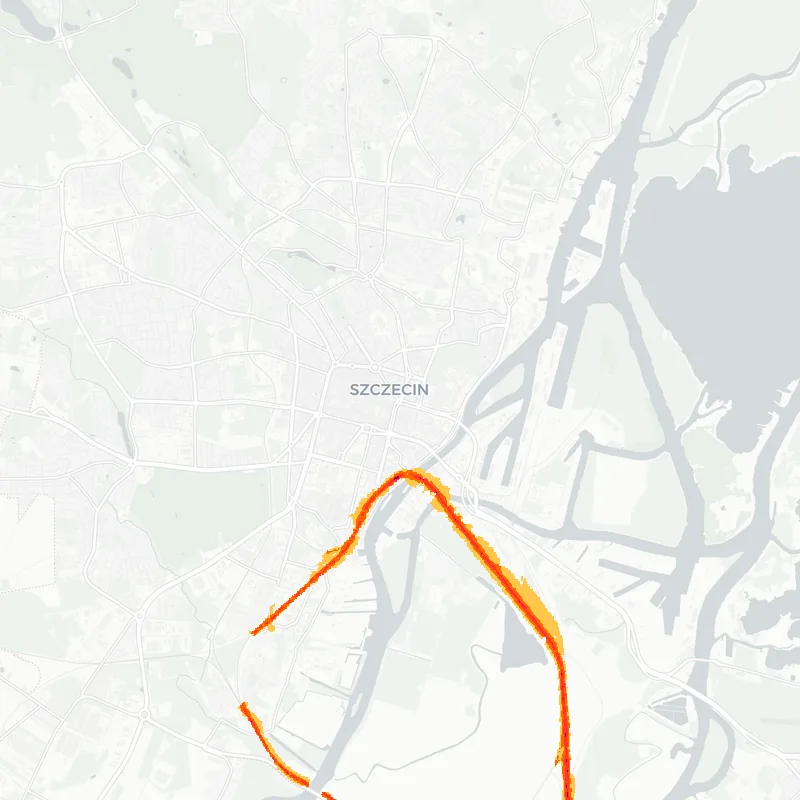 Noise map of Szczecin, Poland: railway noise contours from the EU strategic noise maps, shaded yellow (≈55 dB Lden) through orange and red to dark purple (≈75 dB+), over the city's street network.