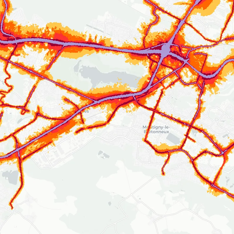 Noise map of Trappes, France: road-traffic noise contours from the EU strategic noise maps, shaded yellow (≈55 dB Lden) through orange and red to dark purple (≈75 dB+), over the city's street network.
