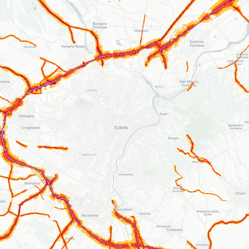 Noise map of Turin, Italy: road-traffic noise contours from the EU strategic noise maps, shaded yellow (≈55 dB Lden) through orange and red to dark purple (≈75 dB+), over the city's street network.
