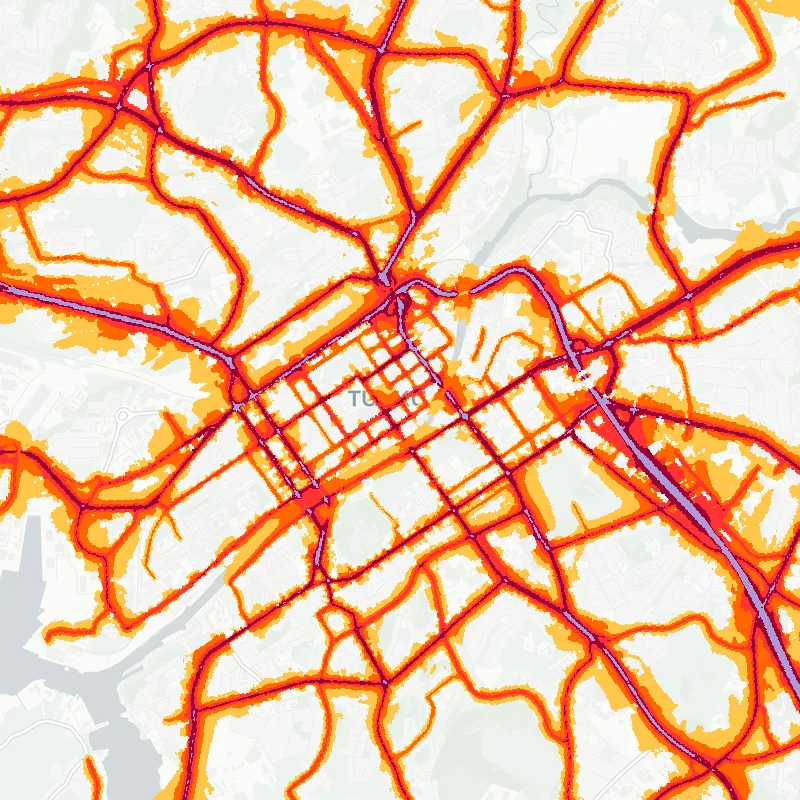 Noise map of Turku, Finland: road-traffic noise contours from the EU strategic noise maps, shaded yellow (≈55 dB Lden) through orange and red to dark purple (≈75 dB+), over the city's street network.
