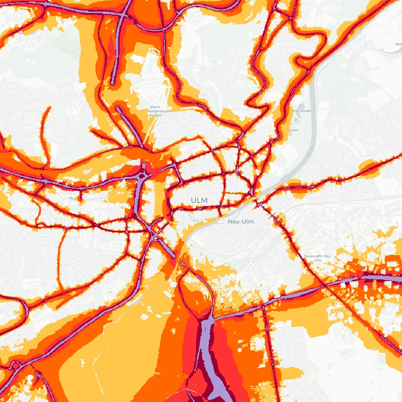 Noise map of Ulm, Germany: road-traffic noise contours from the EU strategic noise maps, shaded yellow (≈55 dB Lden) through orange and red to dark purple (≈75 dB+), over the city's street network.