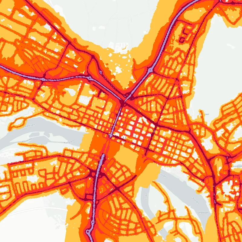 Noise map of Umea, Sweden: road-traffic noise contours from the EU strategic noise maps, shaded yellow (≈55 dB Lden) through orange and red to dark purple (≈75 dB+), over the city's street network.