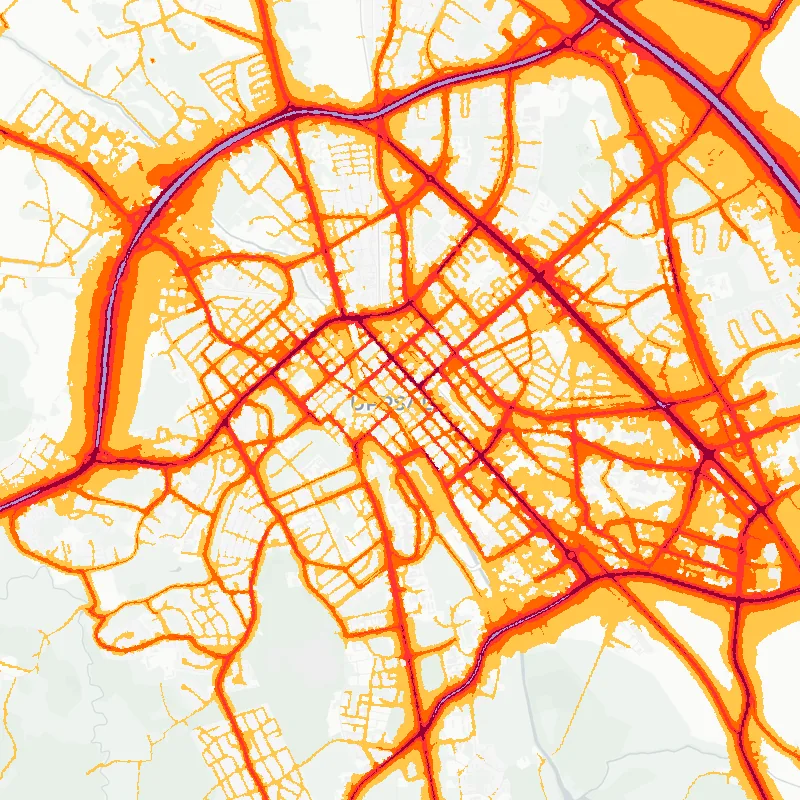 Noise map of Uppsala, Sweden: road-traffic noise contours from the EU strategic noise maps, shaded yellow (≈55 dB Lden) through orange and red to dark purple (≈75 dB+), over the city's street network.