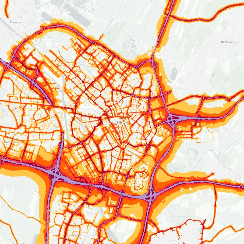 Noise map of Utrecht, Netherlands: road-traffic noise contours from the EU strategic noise maps, shaded yellow (≈55 dB Lden) through orange and red to dark purple (≈75 dB+), over the city's street network.