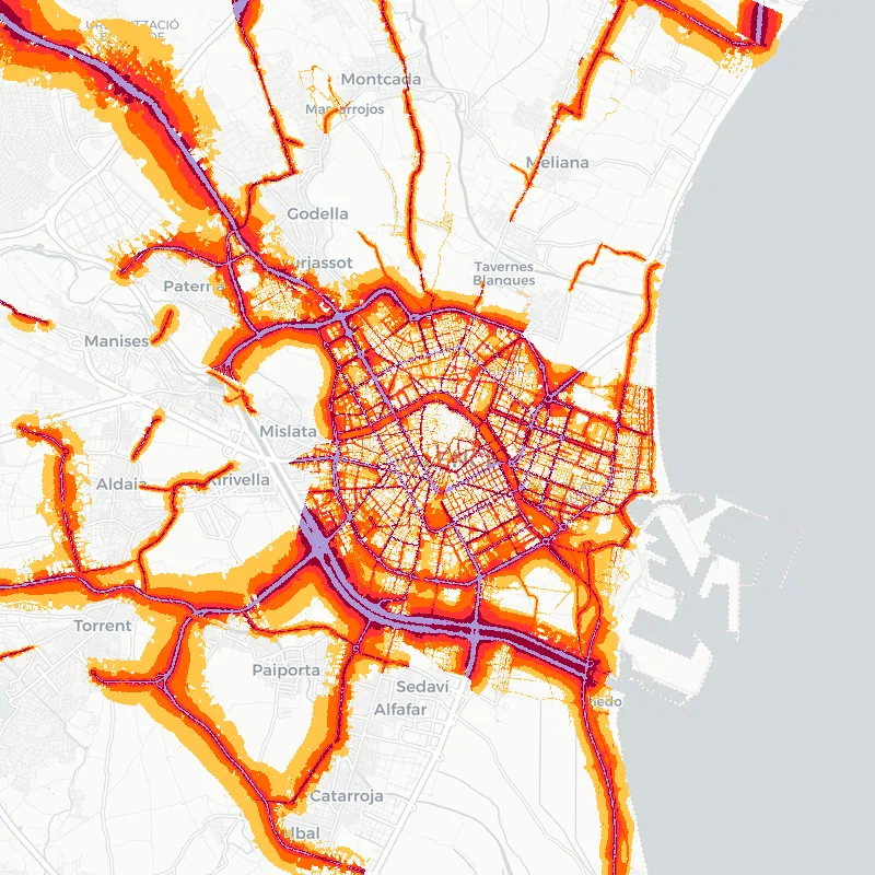 Noise map of Valencia, Spain: road-traffic noise contours from the EU strategic noise maps, shaded yellow (≈55 dB Lden) through orange and red to dark purple (≈75 dB+), over the city's street network.
