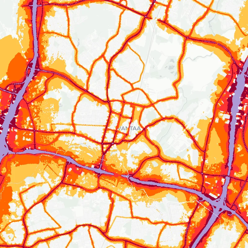 Noise map of Vantaa, Finland: road-traffic noise contours from the EU strategic noise maps, shaded yellow (≈55 dB Lden) through orange and red to dark purple (≈75 dB+), over the city's street network.