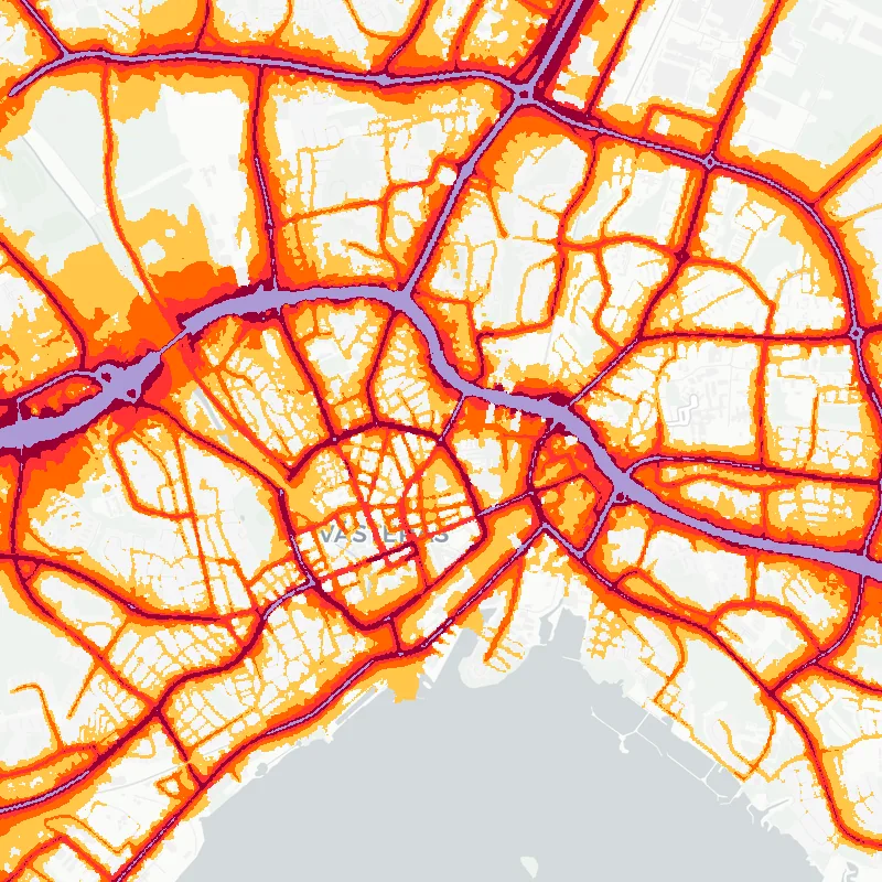 Noise map of Vasteras, Sweden: road-traffic noise contours from the EU strategic noise maps, shaded yellow (≈55 dB Lden) through orange and red to dark purple (≈75 dB+), over the city's street network.
