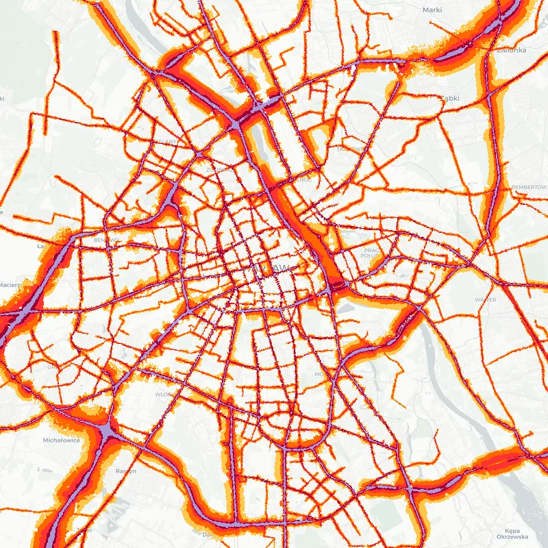 Noise map of Warsaw, Poland — road traffic contours from the EU strategic noise maps over the street network.