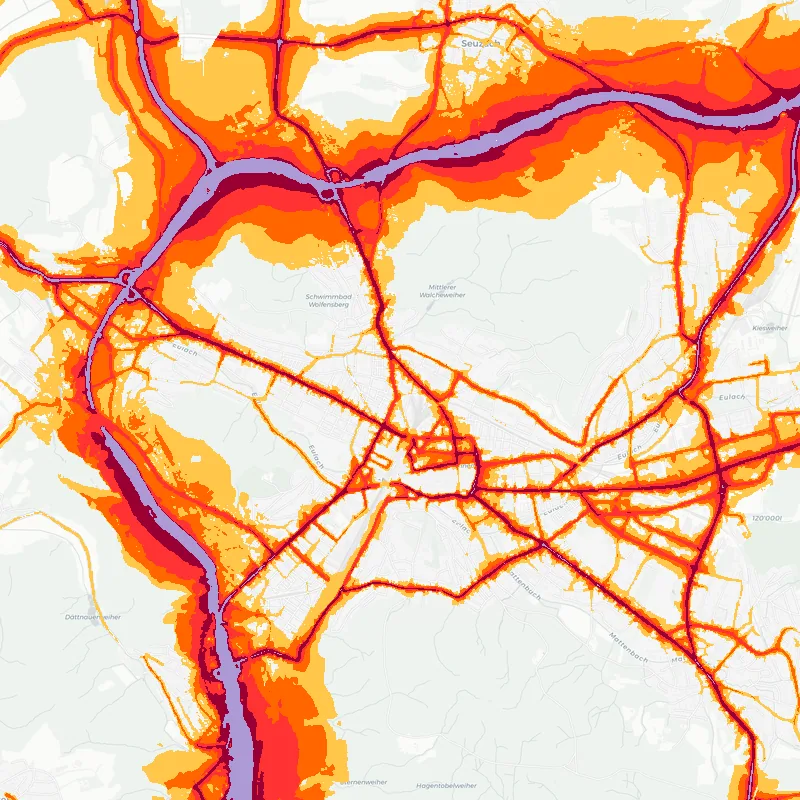 Noise map of Winterthur, Switzerland: road-traffic noise contours from the EU strategic noise maps, shaded yellow (≈55 dB Lden) through orange and red to dark purple (≈75 dB+), over the city's street network.