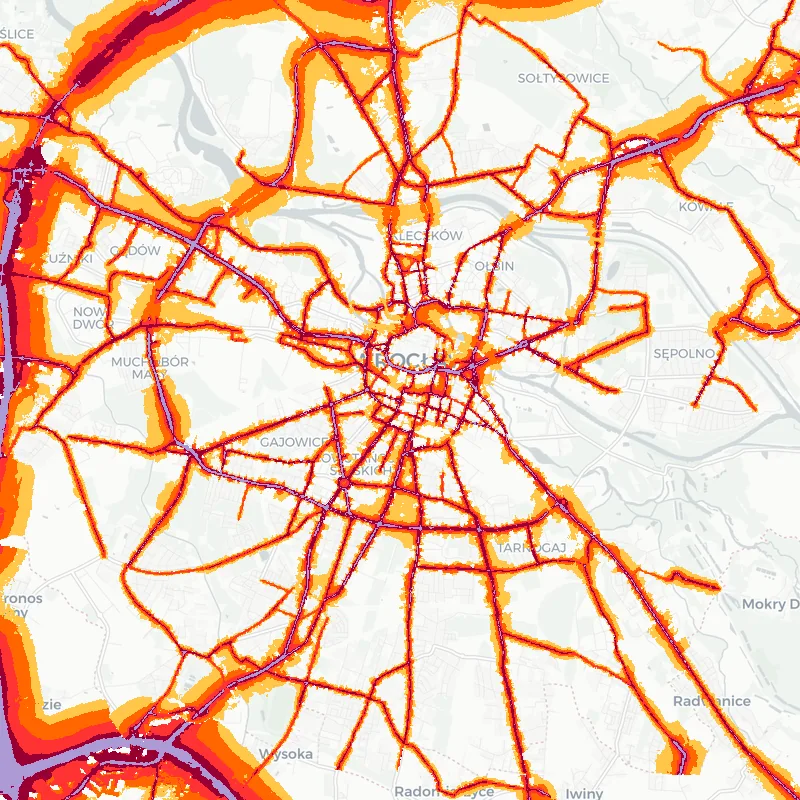 Noise map of Wroclaw, Poland: road-traffic noise contours from the EU strategic noise maps, shaded yellow (≈55 dB Lden) through orange and red to dark purple (≈75 dB+), over the city's street network.