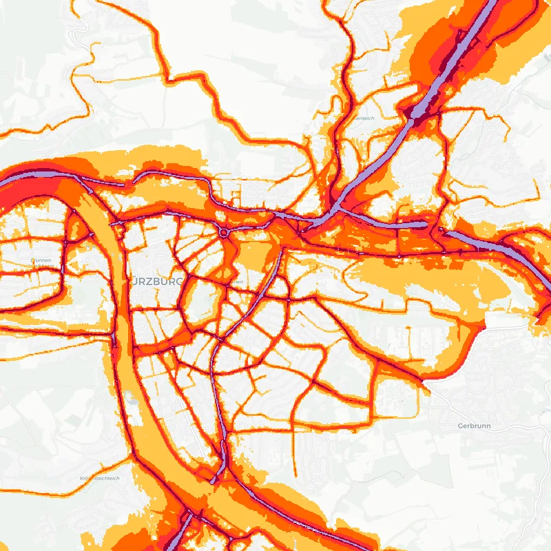 Noise map of Wuerzburg, Germany: road-traffic noise contours from the EU strategic noise maps, shaded yellow (≈55 dB Lden) through orange and red to dark purple (≈75 dB+), over the city's street network.
