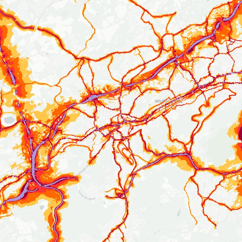 Noise map of Wuppertal, Germany: road-traffic noise contours from the EU strategic noise maps, shaded yellow (≈55 dB Lden) through orange and red to dark purple (≈75 dB+), over the city's street network.