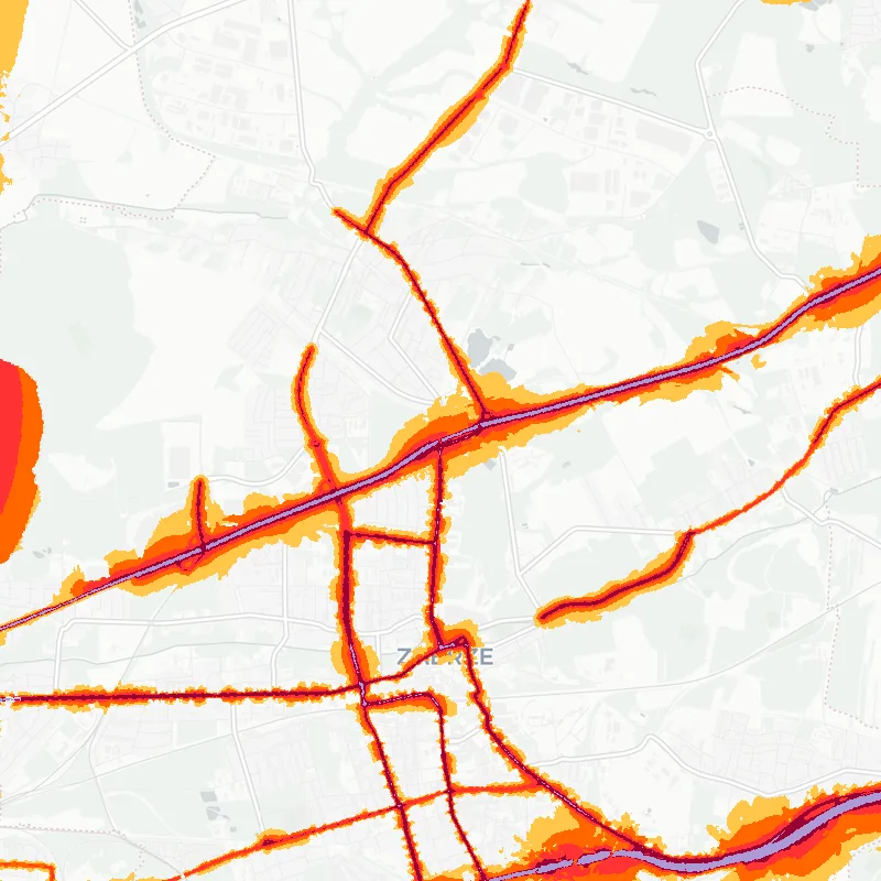 Noise map of Zabrze, Poland: road-traffic noise contours from the EU strategic noise maps, shaded yellow (≈55 dB Lden) through orange and red to dark purple (≈75 dB+), over the city's street network.