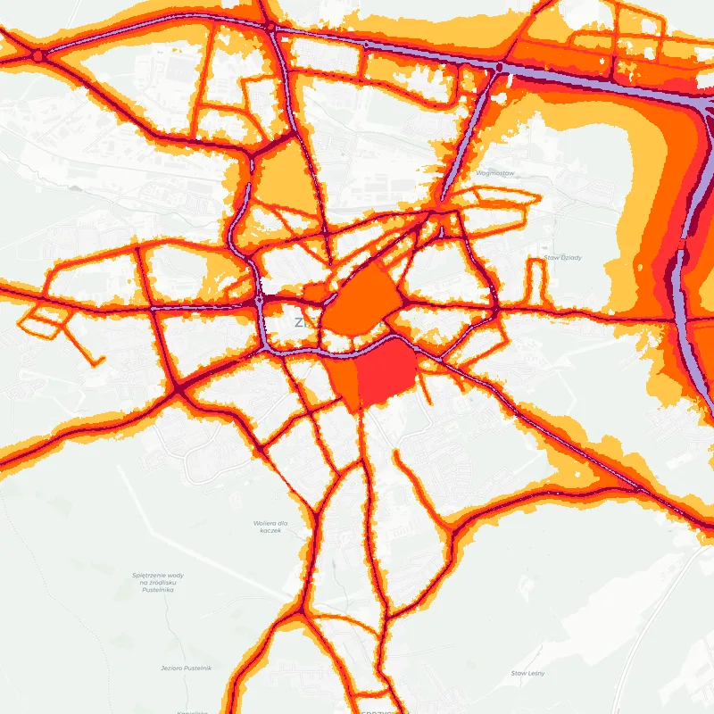 Noise map of Zielona Gora, Poland: road-traffic noise contours from the EU strategic noise maps, shaded yellow (≈55 dB Lden) through orange and red to dark purple (≈75 dB+), over the city's street network.