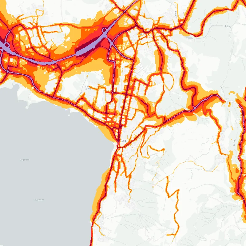 Noise map of Zug, Switzerland: road-traffic noise contours from the EU strategic noise maps, shaded yellow (≈55 dB Lden) through orange and red to dark purple (≈75 dB+), over the city's street network.
