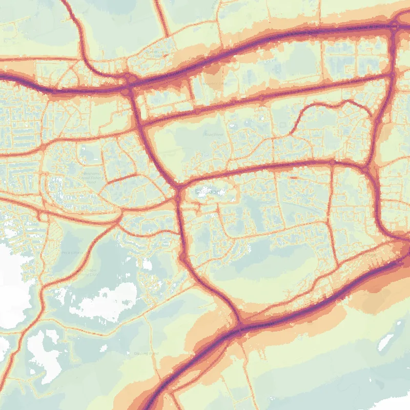 Noise map of Basildon: modelled road-traffic noise (Lden) from the official strategic noise mapping, paler colours marking quieter levels and deepening through orange to dark purple along the loudest corridors, over the city's street network.