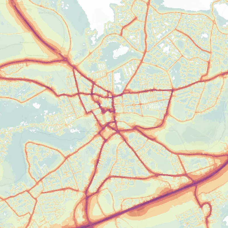Noise map of Bedford: modelled road-traffic noise (Lden) from the official strategic noise mapping, paler colours marking quieter levels and deepening through orange to dark purple along the loudest corridors, over the city's street network.