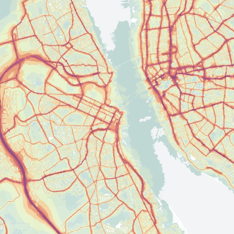 Noise map of Birkenhead: modelled road-traffic noise (Lden) from the official strategic noise mapping, paler colours marking quieter levels and deepening through orange to dark purple along the loudest corridors, over the city's street network.