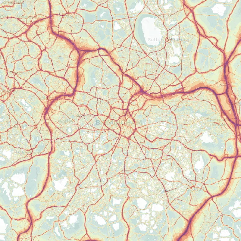 Noise map of Birmingham: modelled road-traffic noise (Lden) from the official strategic noise mapping, paler colours marking quieter levels and deepening through orange to dark purple along the loudest corridors, over the city's street network.
