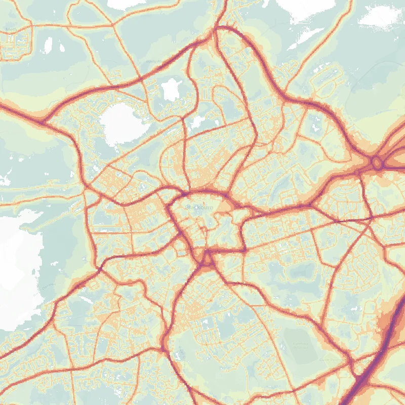Noise map of Blackburn: modelled road-traffic noise (Lden) from the official strategic noise mapping, paler colours marking quieter levels and deepening through orange to dark purple along the loudest corridors, over the city's street network.