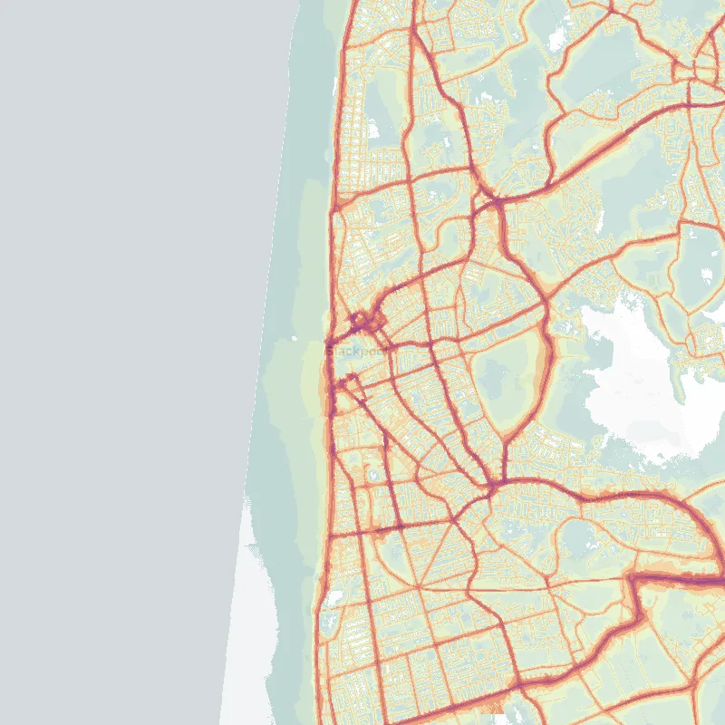 Noise map of Blackpool: modelled road-traffic noise (Lden) from the official strategic noise mapping, paler colours marking quieter levels and deepening through orange to dark purple along the loudest corridors, over the city's street network.