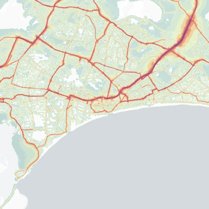 Noise map of Bournemouth: modelled road-traffic noise (Lden) from the official strategic noise mapping, paler colours marking quieter levels and deepening through orange to dark purple along the loudest corridors, over the city's street network.