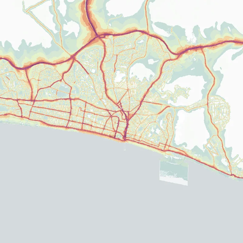 Noise map of Brighton: modelled road-traffic noise (Lden) from the official strategic noise mapping, paler colours marking quieter levels and deepening through orange to dark purple along the loudest corridors, over the city's street network.