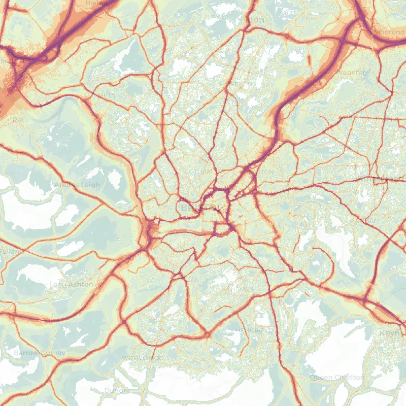 Noise map of Bristol: modelled road-traffic noise (Lden) from the official strategic noise mapping, paler colours marking quieter levels and deepening through orange to dark purple along the loudest corridors, over the city's street network.