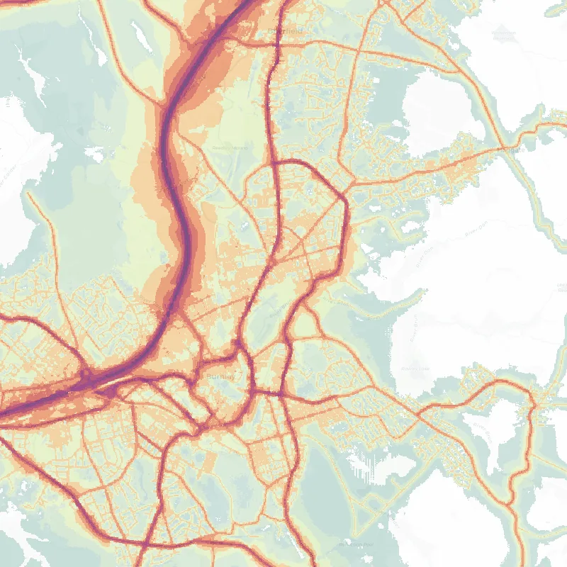 Noise map of Burnley: modelled road-traffic noise (Lden) from the official strategic noise mapping, paler colours marking quieter levels and deepening through orange to dark purple along the loudest corridors, over the city's street network.