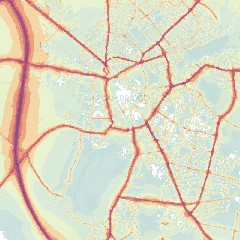 Noise map of Cambridge: modelled road-traffic noise (Lden) from the official strategic noise mapping, paler colours marking quieter levels and deepening through orange to dark purple along the loudest corridors, over the city's street network.