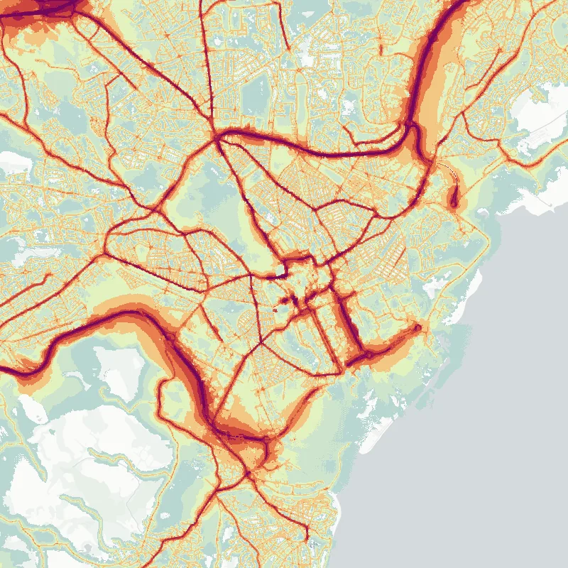 Noise map of Cardiff: modelled road-traffic noise (Lden) from the official strategic noise mapping, paler colours marking quieter levels and deepening through orange to dark purple along the loudest corridors, over the city's street network.