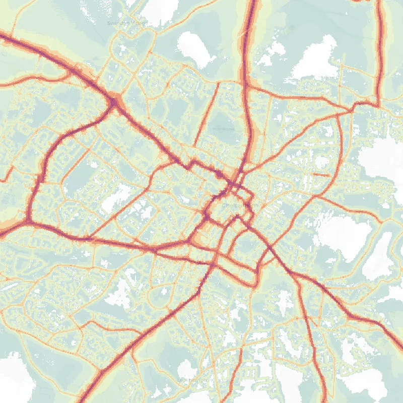 Noise map of Cheltenham: modelled road-traffic noise (Lden) from the official strategic noise mapping, paler colours marking quieter levels and deepening through orange to dark purple along the loudest corridors, over the city's street network.