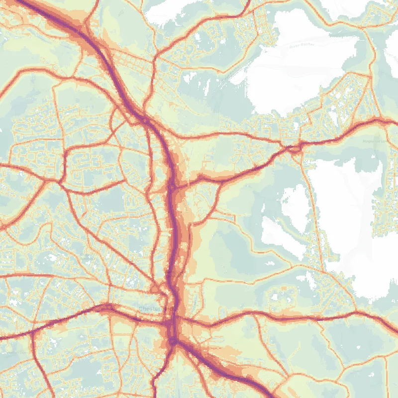 Noise map of Chesterfield: modelled road-traffic noise (Lden) from the official strategic noise mapping, paler colours marking quieter levels and deepening through orange to dark purple along the loudest corridors, over the city's street network.