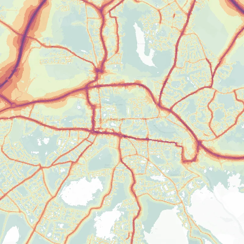 Noise map of Colchester: modelled road-traffic noise (Lden) from the official strategic noise mapping, paler colours marking quieter levels and deepening through orange to dark purple along the loudest corridors, over the city's street network.