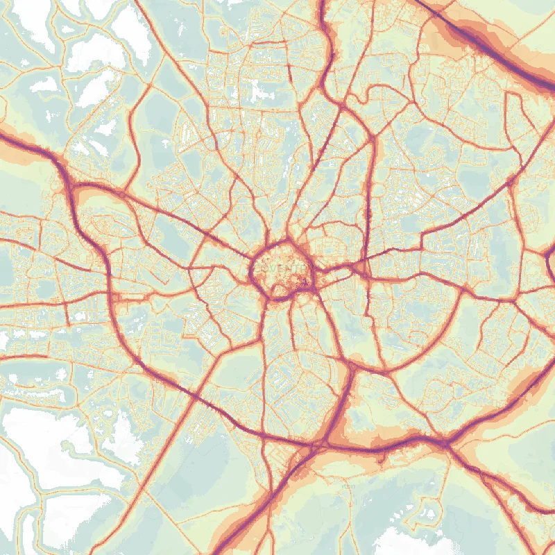 Noise map of Coventry: modelled road-traffic noise (Lden) from the official strategic noise mapping, paler colours marking quieter levels and deepening through orange to dark purple along the loudest corridors, over the city's street network.