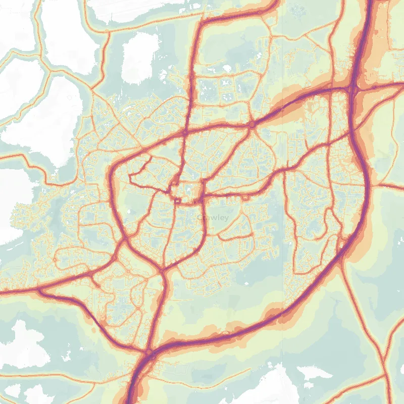 Noise map of Crawley: modelled road-traffic noise (Lden) from the official strategic noise mapping, paler colours marking quieter levels and deepening through orange to dark purple along the loudest corridors, over the city's street network.