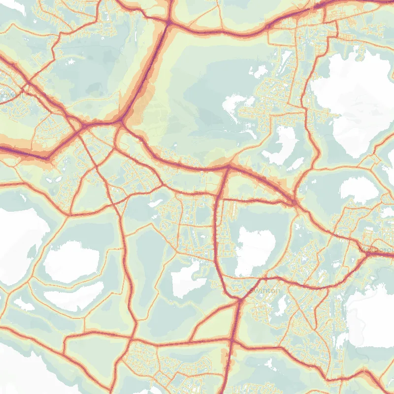 Noise map of Dearne Valley: modelled road-traffic noise (Lden) from the official strategic noise mapping, paler colours marking quieter levels and deepening through orange to dark purple along the loudest corridors, over the city's street network.