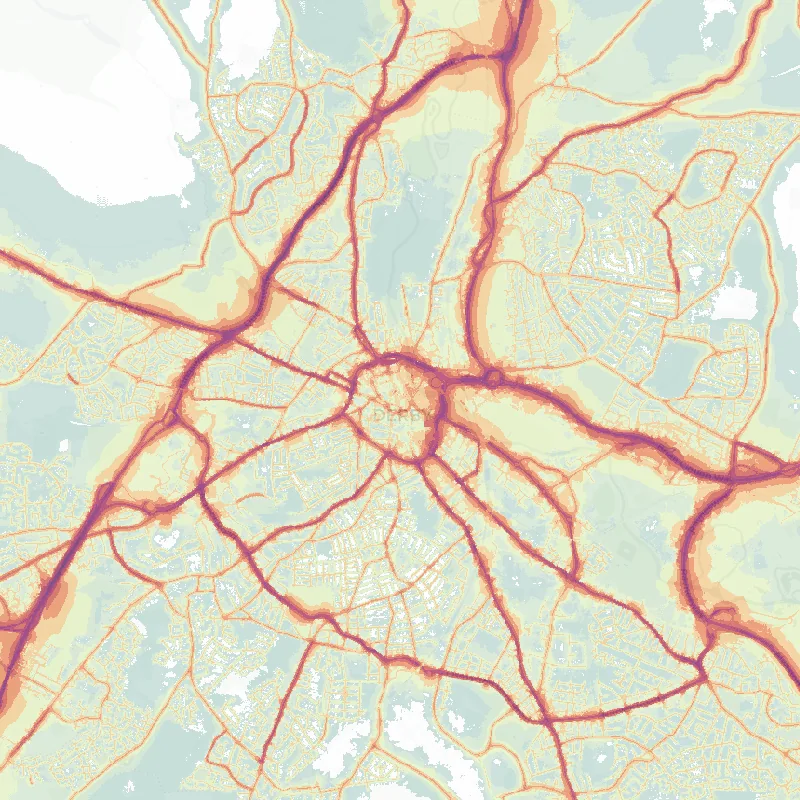 Noise map of Derby: modelled road-traffic noise (Lden) from the official strategic noise mapping, paler colours marking quieter levels and deepening through orange to dark purple along the loudest corridors, over the city's street network.