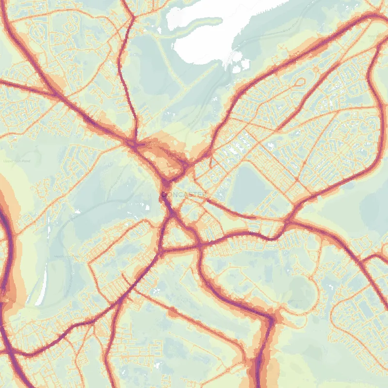 Noise map of Doncaster: modelled road-traffic noise (Lden) from the official strategic noise mapping, paler colours marking quieter levels and deepening through orange to dark purple along the loudest corridors, over the city's street network.