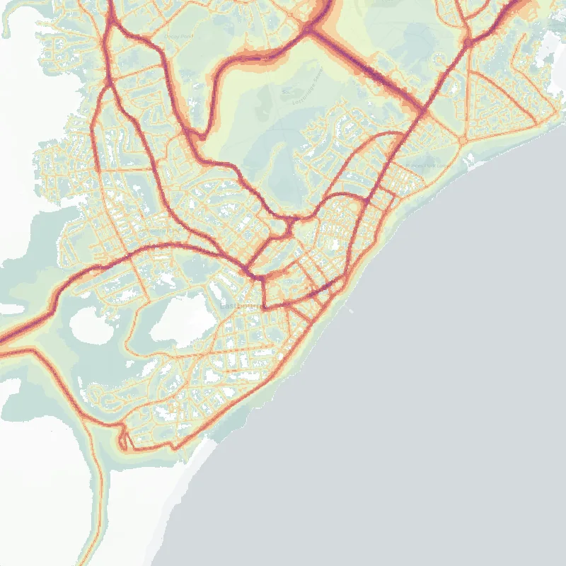 Noise map of Eastbourne: modelled road-traffic noise (Lden) from the official strategic noise mapping, paler colours marking quieter levels and deepening through orange to dark purple along the loudest corridors, over the city's street network.