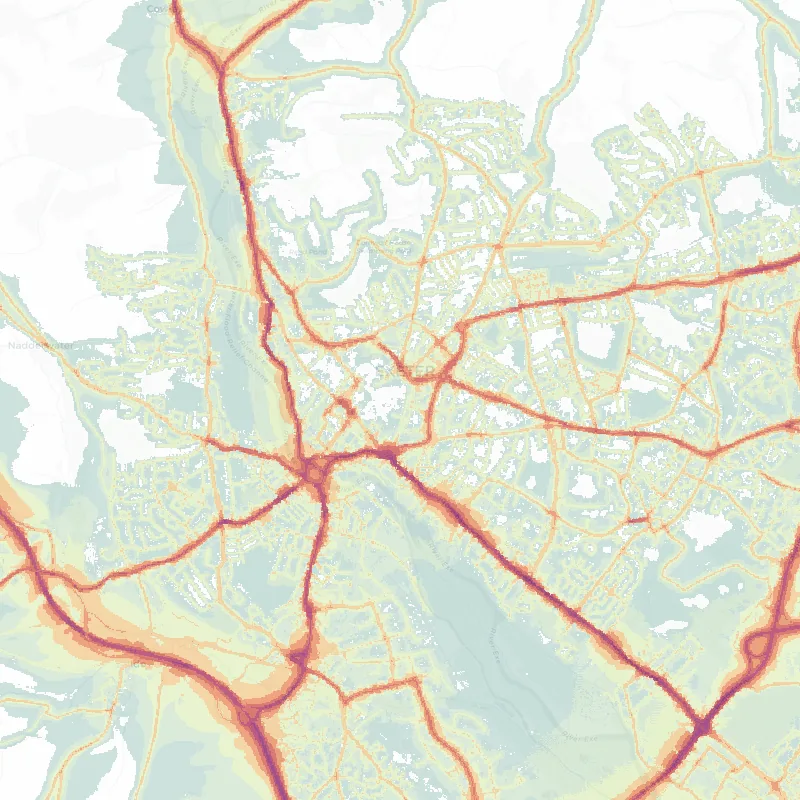 Noise map of Exeter: modelled road-traffic noise (Lden) from the official strategic noise mapping, paler colours marking quieter levels and deepening through orange to dark purple along the loudest corridors, over the city's street network.